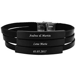 Hanessa Personalisiertes Armband mit Gravur für Männer und Frauen Edelstahl Leder schwarz Länge 21 cm | Personalisierte Armbänder mit Namen Herren Damen von Hanessa