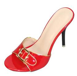 Hanfike Absatz Pantoletten Sandalen Damen mit Schnalle Dress Sommerschuhe Rot (Gold Rand) EU 37.5 von Hanfike