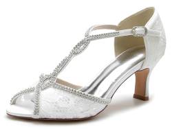 Hanfike Offene Brautschuhe Damen T-Spange Lace Elegant Hochzeits Abend Sandalen mit Strass JY110 Weiß EU 38 von Hanfike