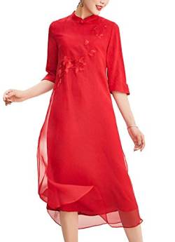 HangErFeng Qipao Silk ogen Dress Modified Cheongsam Dress Chinese Elements Loose Style of Vertical Collar Buckle (red, 2XL) von HangErFeng