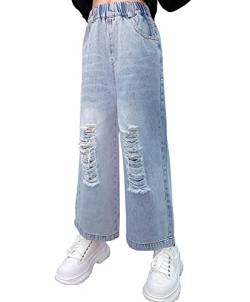 Hangzhikids Mädchen Casual Elastische Taille Weite Bein Jeans Cool Ripped Jeans Alter 5-14 Jahre, Stil 2, 13-14 Jahre von Hangzhikids