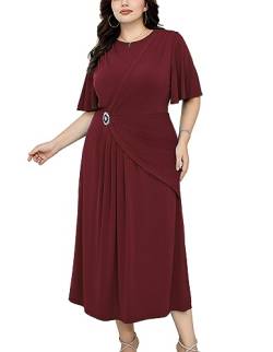 Elegante Kleider Damen Große Größen Rüschenärmel Cocktail Kleider Damen Taille Strasssteine Falten Lang A-Linie Hochzeitsgast Dress Rot 52 (US 24W) von Hanna Nikole