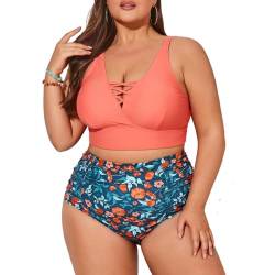 Hanna Nikole Bikini Damen Große Größen Crossover Badeanzüge Adjustable Bikini Sets Orangene & Blume 44 von Hanna Nikole