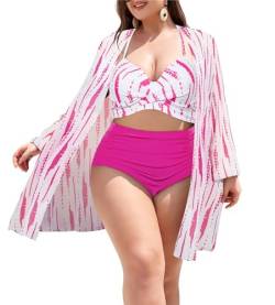 Hanna Nikole Damen 3-Teilig Swimsuit Bikini Große Größe Hohe Taille Bauchkontrolle Crossover Bademode Rose Rot 52 von Hanna Nikole