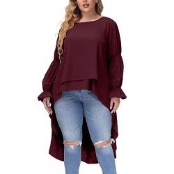 Hanna Nikole Damen Asymmetrische High Low Große Größen Tops Laternenärmel Unifarben Lässige Blouse Mode Elegante Retro Tops Weinrot 42-44 von Hanna Nikole