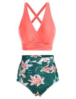 Hanna Nikole Damen Große Größen Bauchweg Bikini Sets Beach Fashion Swimsuit Grüne Blumen & Roter Wassermelone L von Hanna Nikole