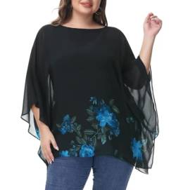 Hanna Nikole Damen Große Größen Chiffon Bluse Retro Blumenmuster Tunika Blaue Blume 48 von Hanna Nikole