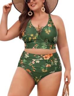 Hanna Nikole Damen Große Größen Hoher Taille Bikini Sets Einstellbar Zweiteiliger Grüne Basis und rote Blume 50 von Hanna Nikole