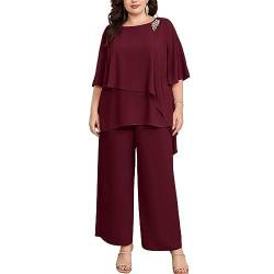 Hanna Nikole Damen Große Größen Hosenanzug Cape Sleeve Zip Rhinestones Loose Round Neck Wide Leg Pants Chiffon Comfortable Lined Festival Summer Elegant High Waist Weinrot 54 von Hanna Nikole