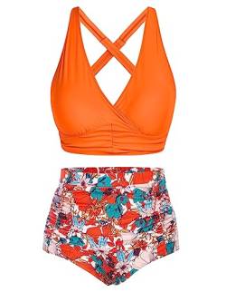Hanna Nikole Damen Große Größen Sommer Badeanzüge V-Neck Bikini Sets für Mollige Frauen Orangene & Blume 46 von Hanna Nikole