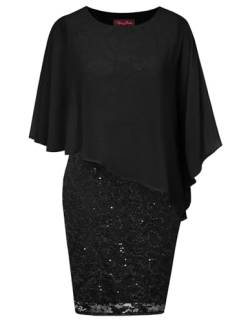 Hanna Nikole Damen Spitze Bleistiftkleid Cape Chiffon Vintage 50er Figurbetontes Etuikleid Schwarz 52 von Hanna Nikole