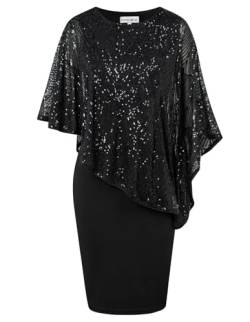 Hanna Nikole Damen Übergröße Capelet Glitzer Pailletten Sequins Cocktailkleid HIPS-Wrapped Abendkleid Schwarz 54 von Hanna Nikole