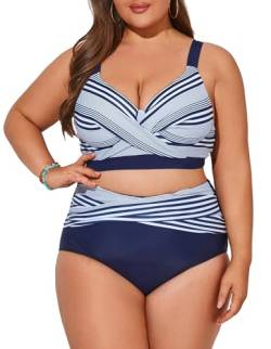 Hanna Nikole Damen Übergröße Push Up Bikini Bauchkontrolle Dehnbarem Strandmode Marineblaue Streifen 44 von Hanna Nikole