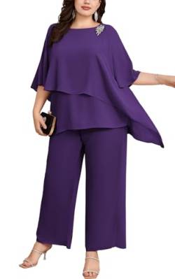 Hanna Nikole Hosenanzug Damengroße Größen Cape Sleeve Zip Rhinestones Loose Round Neck Wide Leg Pants Chiffon Comfortable Lined Festival Summer Elegant High Waist Lila 52 von Hanna Nikole