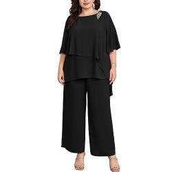 Hanna Nikole Hosenanzug Damengroße Größen Cape Sleeve Zip Rhinestones Loose Round Neck Wide Leg Pants Chiffon Comfortable Lined Festival Summer Elegant High Waist Schwarz 52 von Hanna Nikole