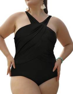 Hanna Nikole Neckholder Badeanzug Damen Große Größen Einteilig Monokini Einfarbig Bauchfalten Bauchweg Bademode Schwarz 50 (Etikett:20W) von Hanna Nikole