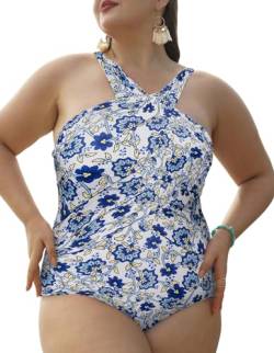 Hanna Nikole Überlapper Neckholder Monokini Damen Große Größen Einteilige Push Up Bauchweg Badeanzug Blaues und Weißes 42 (Etikett:12W) von Hanna Nikole