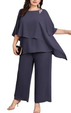 Hanna Nikole Zweiteiler Damen Große Größen Hosenanzug Fledermausärmel Cape-Ärmel Strass Lose Rundhals Chiffon Shirt Hohe Taille Elegant Hohe Taille Lange Hose Anthrazitgrau 46 von Hanna Nikole