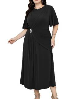 Kleid Damen Große Größen Elegante Rüschenärmel Cocktail Kleider Damen Taille Strasssteine Falten Lang A-Linie Hochzeitsgast Dress Schwarz 44 (US16W) von Hanna Nikole