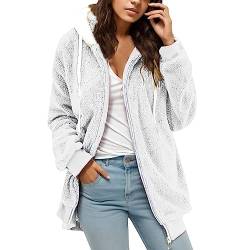 Pullover Damen Warme Teddy-Fleecejacke Outdoor Kapuzenjacke Pullover Flauschig Dicke Reissverschluss Teddy Mantel Plüschjacke Kapuzenjacke Winterparka Wintermantel Frauen Übergang (01-3-White, L) von Hanraz