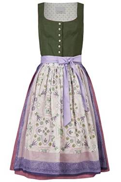 Hans Moser Dirndl Ausseer Leinendirndl mit handbedruckter Chiffon Schürze 100% Leinen 100% Baumwolle Balkonett Porzellan-Knöpfe Dirndlkleid Tracht Kleid Trachtenkleid midi grün lila rosa, Größe:34 von Hans Moser