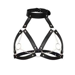 Hanyi Damen Leder BH mit Kette Einstellbar Brust Body Harness Fetisch SM Bondageset Sexspielzeug, Schwarz von Hanyi