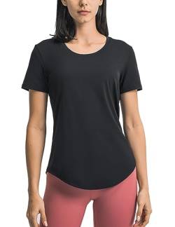 Frauen Yoga Trainieren Kurzarm T-Shirt Sportlich Betrieb T-Stück Spitze Fitness Leicht Rundhalsausschnitt Hemden Schwarz S von Hanyomo