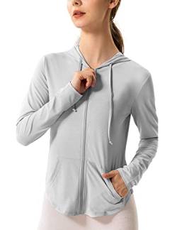 Hanyomo Damen Lange Ärmel UPF 50+ Sonnenschutz Jacke Mit Kapuze Fitness-Shirt mit Taschen YogaDurchgehender Reißverschluss Sportlich Grau M von Hanyomo
