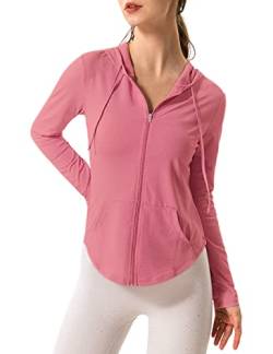 Hanyomo Damen Lange Ärmel UPF 50+ Sonnenschutz Jacke Mit Kapuze Fitness-Shirt mit Taschen YogaDurchgehender Reißverschluss Sportlich Rosa L von Hanyomo