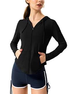 Hanyomo Damen Lange Ärmel UPF 50+ Sonnenschutz Jacke Mit Kapuze Fitness-Shirt mit Taschen YogaDurchgehender Reißverschluss Sportlich Schwarz L von Hanyomo