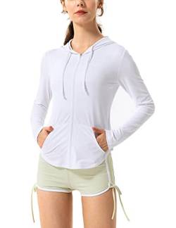 Hanyomo Damen Lange Ärmel UPF 50+ Sonnenschutz Jacke Mit Kapuze Fitness-Shirt mit Taschen YogaDurchgehender Reißverschluss Sportlich Weiß L von Hanyomo