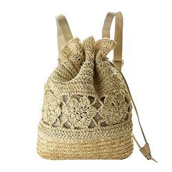 Haodou Frauen Stroh Handtasche Reine Hand Blume Häkeln Papierseil Rucksack Stroh Strandtasche Böhmen Rattan Tasche zum Strand Reise (beige) von Haodou