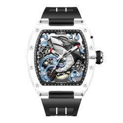 Haofa 3D-Geschnitzte Hai-Mechanische Uhr für Herren, automatische, Hohle, transparente Glasgehäuseuhr, wasserdichte, leuchtende Herrenuhr 2322 Schwarz von Haofa