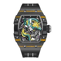 Haofa Automatische mechanische Uhr für Herren 3D geschnitztes Drachenzifferblatt Saphir wasserdichte leuchtende Uhr 80H Gangreserve Luxus-Skelett-Herrenuhr 1968N Gelb Schwarz von Haofa