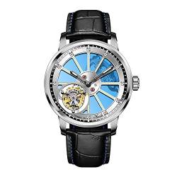 Haofa Flying Tourbillon Uhren für Herren Luxus-Doppelskelett-Uhrwerk Saphir leuchtende Diamantskala Manuelle mechanische Armbanduhr Leichte Business-Uhr 1925A Silber Blau von Haofa