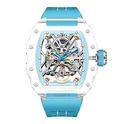 Haofa Kristall Herrenuhr Skelett Transparent Automatik Mechanisch Armbanduhren Doppelseitige Aushöhlung Wasserdicht Leuchtend Uhr für Männer 72H Energiespeicher 2202 Blau von Haofa