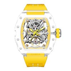 Haofa Kristall Herrenuhr Skelett Transparent Automatik Mechanisch Armbanduhren Doppelseitige Aushöhlung Wasserdicht Leuchtend Uhr für Männer 72H Energiespeicher 2202 Gelb von Haofa