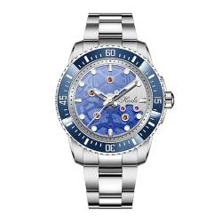 Haofa Mechanische Uhr für Herren, hohl, automatisch, mechanisch, Leuchtend, wasserdicht, Saphir, Trenduhr mit Stahlband, einfache Business-Casual-Uhr für Herren Blau von Haofa