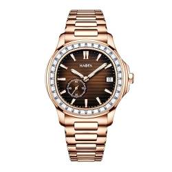 Haofa Mikrorotor Automatische mechanische Uhr für Herren 9,7 mm dünne zweite Scheibe Kalender Herrenuhr Zirkon Lünette Saphir Edelstahl leuchtende Uhr Business Casual 2290 Roségold-Braun von Haofa