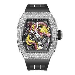 Haofa Skeleton Mechanische Uhr für Herren 80H Gangreserve 3D geschnitztes Drachenzifferblatt Diamantgehäuse Saphir wasserdichte leuchtende Automatikuhr Luxus-Herrenuhr 1968s Bunt von Haofa