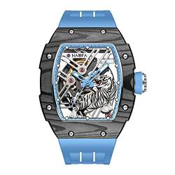 Haofa Skelett Automatische Mechanische Uhr für Männer Tiger Streifen Kohlefaser Lünette Uhr Saphir Leuchtend Wasserdicht Mens Business Casual Uhr 1973 Blau von Haofa