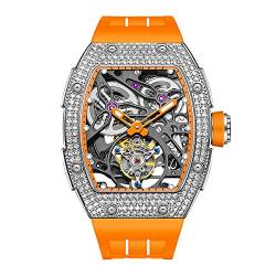 Haofa Tourbillon Uhr Luxus Tonneau Diamantgehäuse Skeleton Automatik Mechanische Uhr Saphir Wasserdicht Leuchtend Selbstaufzug Herrenuhr 1901-1S Orange von Haofa