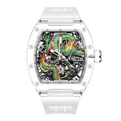 Haofa Transparente 3D-Drachen-Mechanische Uhr für Herren, Automatische Hohlglasgehäuseuhr, Wasserdicht, Leuchtend, Herrenuhr, Lässige Mode, 2321 Weiß von Haofa