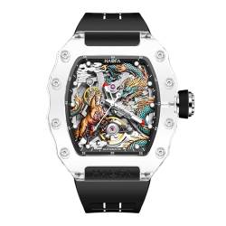 Haofa Transparenter Kristallspiegel, 3D-Drachenpferd, mechanische Uhr für Herren, automatisches Hohlglasgehäuse, wasserdicht, leuchtende Herrenuhr 2323 Schwarz von Haofa