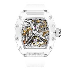 Haofa Transparenter Kristallspiegel, 3D-Drachenpferd, mechanische Uhr für Herren, automatisches Hohlglasgehäuse, wasserdicht, leuchtende Herrenuhr 2323 Weiß von Haofa