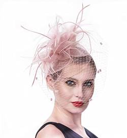 Fascinator Blume Netzmütze Feder Mesh Netz Schleier Tea Party Derby Hut mit Clip und Haarband für Frauen und Handschuhe (A6-Rosa) von Haojing