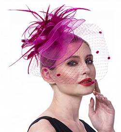 Fascinator Blume Netzmütze Feder Mesh Netz Schleier Tea Party Derby Hut mit Clip und Haarband für Frauen und Handschuhe (A6-Rose Red) von Haojing