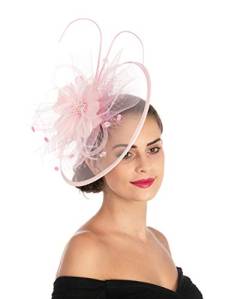 Sinamay Fascinator mit Blumen- und Federn, Kopfbedeckung, für Damen, Rennen, Royal Ascot, Pillendose, Hochzeit, Cocktail, Teeparty, Derby-Hut für Frauen, SG-Pink, M von Haojing