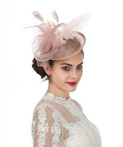 Sinamay Fascinator mit Blumenfedern, Kopfbedeckung, für Hochzeit, Party, Hochzeit, Cocktail, Teeparty, Derby-Hut für Damen, A4-Hellrosa, M von Haojing