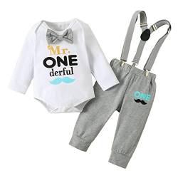 Haokaini Baby Jungen 1. Geburtstag Cake Smash Outfits Gentleman Langarm Brief Fliege Strampler Hosenträger Hosen 3-teiliges Kleidungsset von Haokaini